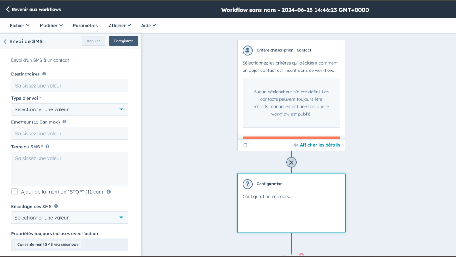 Dans le worflow, vous trouverez le plugin "smsmode : envoyer un sms"
à configurer
